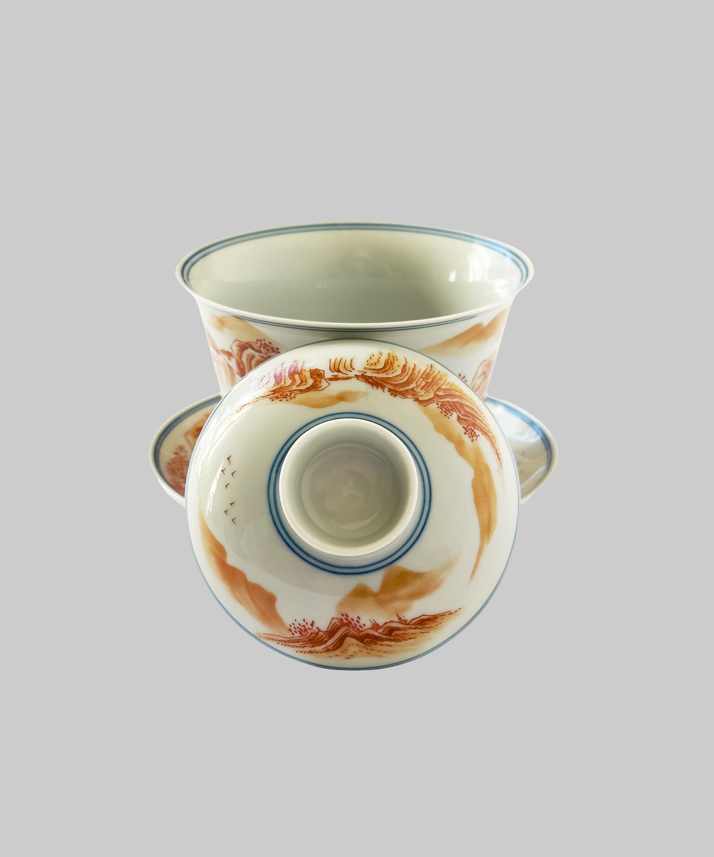 гайвань фарфор, червоно-оранжеві гори. Чайна Chaguan - чай і посуд для чаювань і чайних церемоній.