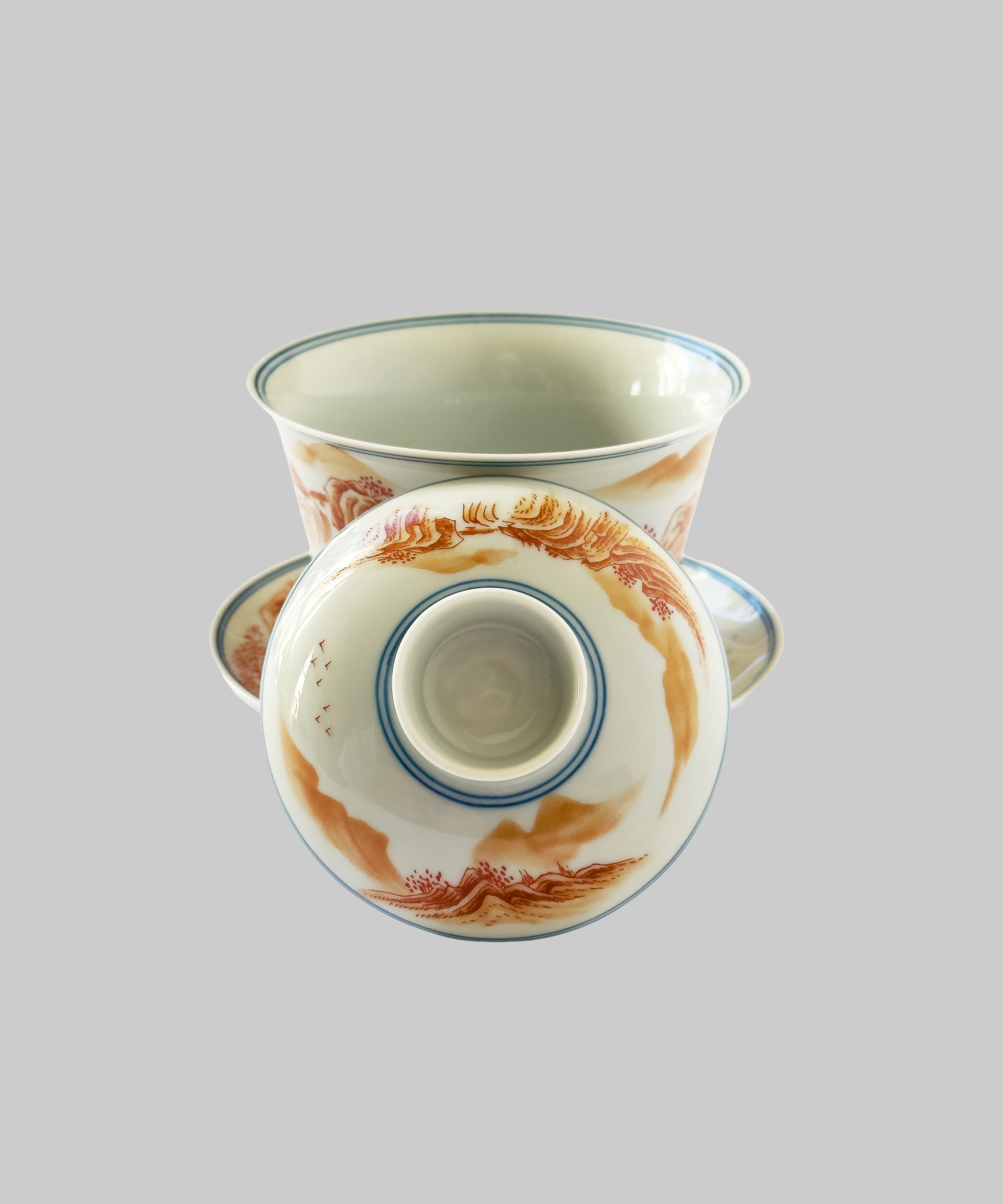 гайвань фарфор, червоно-оранжеві гори. Чайна Chaguan - чай і посуд для чаювань і чайних церемоній.