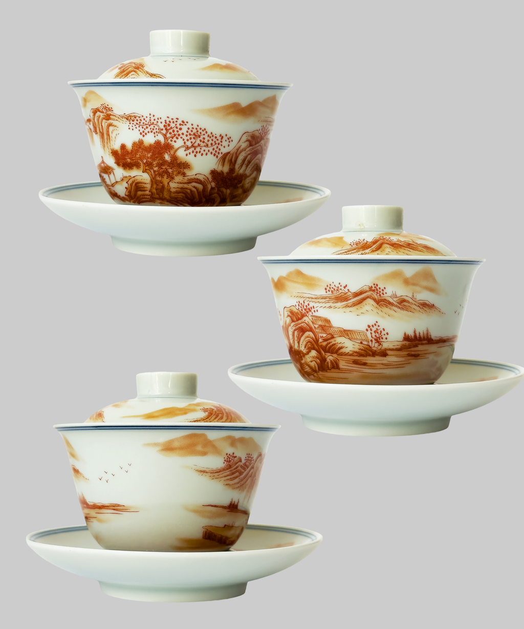 гайвань фарфор, червоно-оранжеві гори. Чайна Chaguan - чай і посуд для чаювань і чайних церемоній.