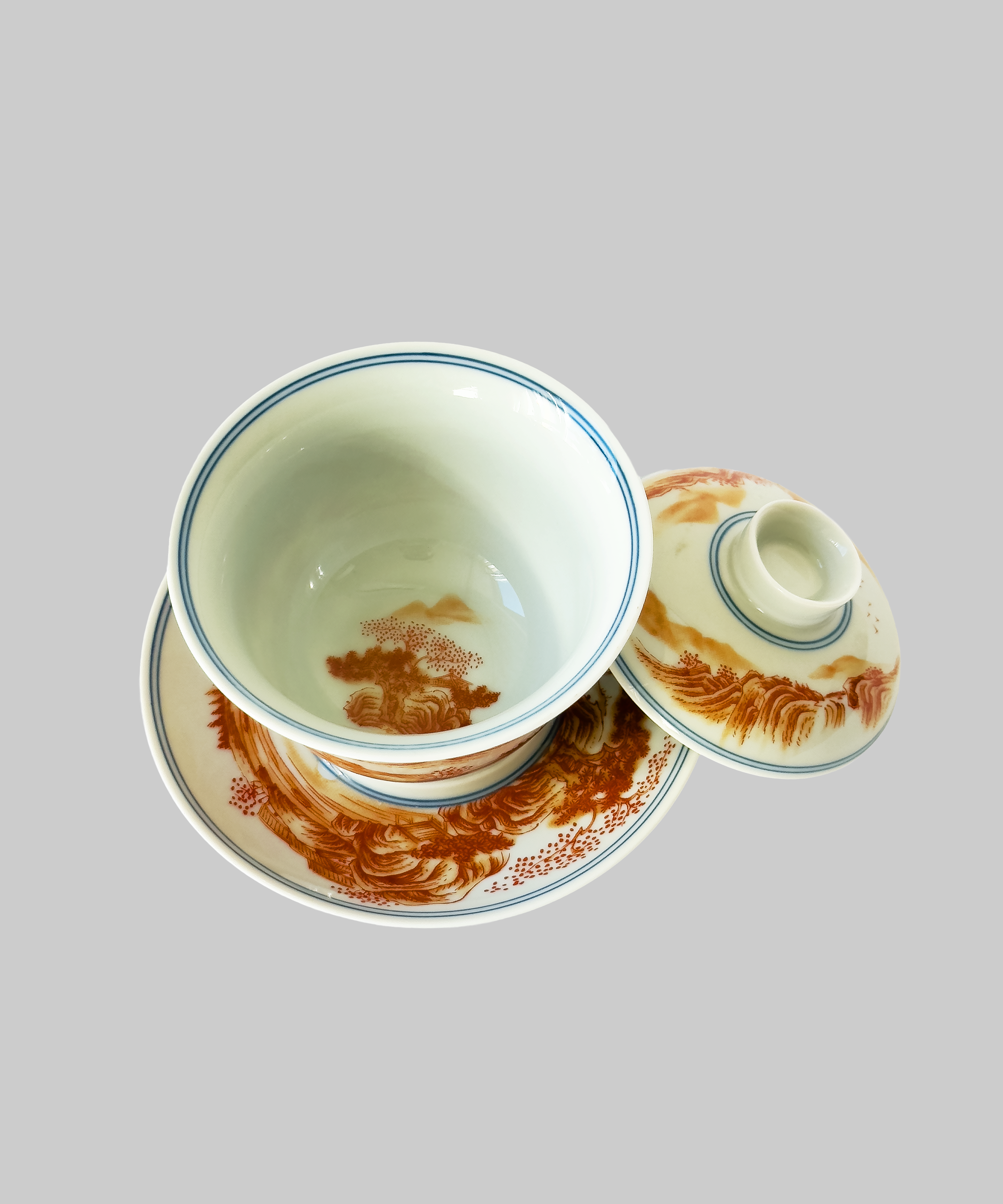 гайвань фарфор, червоно-оранжеві гори. Чайна Chaguan - чай і посуд для чаювань і чайних церемоній.