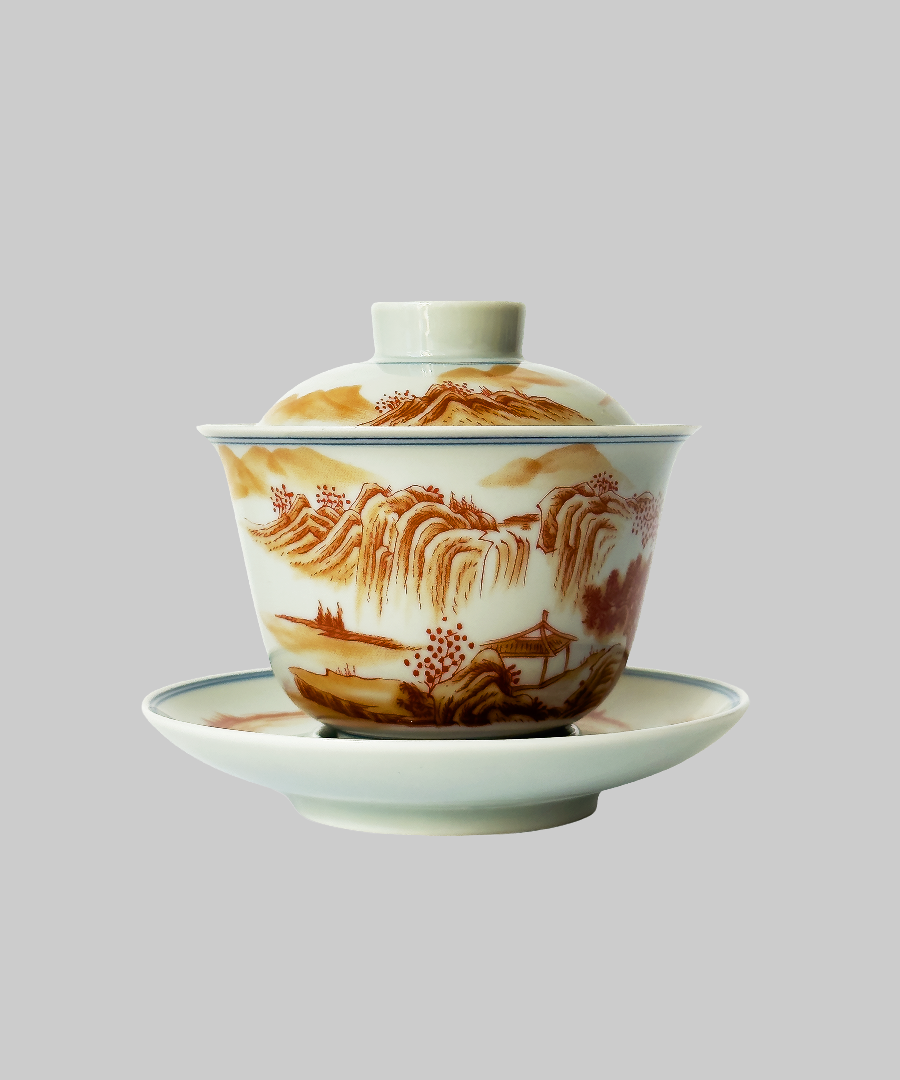 гайвань фарфор, червоно-оранжеві гори. Чайна Chaguan - чай і посуд для чаювань і чайних церемоній.